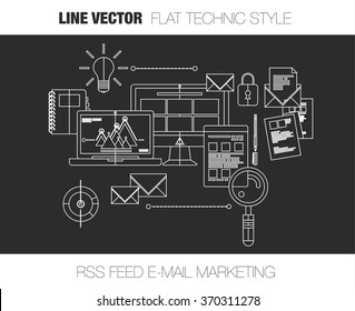 Line vector concept of e-mail marketing service system, rss feed, subscribe mail list for everyday updates, with line technic objects and line illustration of connections