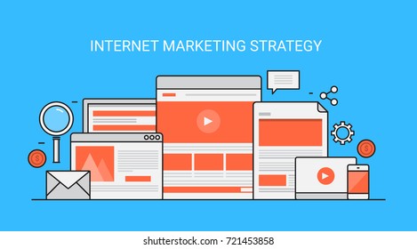 Line vector concept of Internet marketing, On-line Business, Promotion, advertising on web  flat design banner