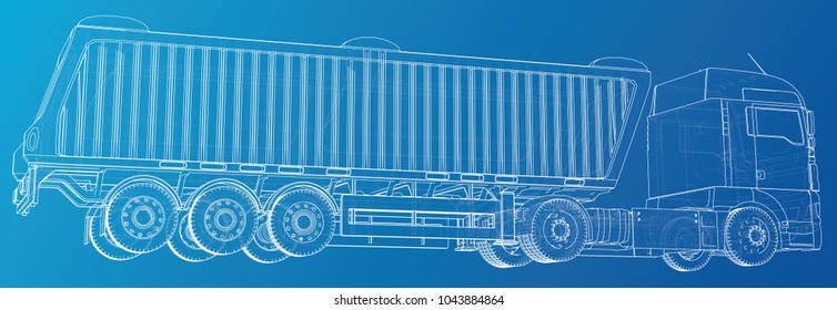 Line vector construction machinery truck tipper. Industrial style. Corporate cargo delivery. Created illustration of 3d. Wire-frame