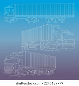 Line vector of container truck in different angle. Heavy equipment for logistic.