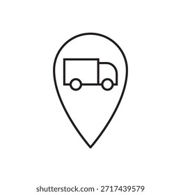 Vector de línea de un camión de entrega bajo un localizador de pin de mapa.