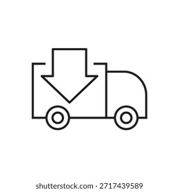 Vector de línea de un vehículo de reparto con una flecha apuntando hacia abajo.