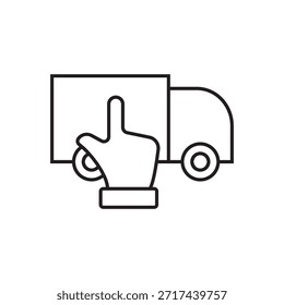 Vector de línea de un vehículo de entrega con un puntero de mano haciendo clic.