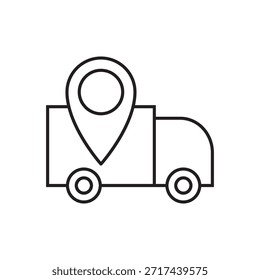 Vector de línea de un vehículo de entrega con un pin de puntero de mapa de ubicación.