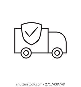 Line vector of a delivery vehicle with a protective shield and tick mark.