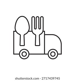Line vector of a delivery vehicle with a spoon and fork cutlery.