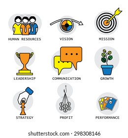 line vector design of the company, performance & growth concepts & others like vision & mission, human resources management, employee administration, communication, leadership, strategy