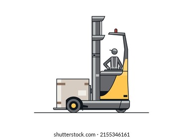 Line vector design of modern reach truck forklift with the operator and cargo.