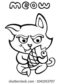 Line vector design of naughty cat who is holding the fish. Outline sketch of a funny kitten. Coloring page with cat holding fish