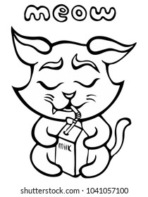 Line vector design  of a naughty cat who is drinking milk. Outline sketch of funny kitten. Coloring page with cat drinking milk