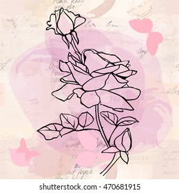 A line vector drawing of a bouquet of roses with buds and leaves, on a tender pink background imitating watercolor splashes, with butterflies, on faded old letters