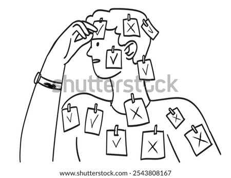 Line vector drawing in doodle style of man taking notes scheduling and organizing work in office or making timetable for university studies. Time management, work planning. Personal productivity. Line