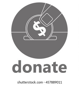 Line vector drawing of fingers placing a dollar coin in a slot above the word Donate in grey and white