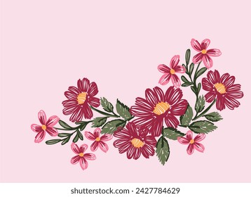 line vector drawing illustration leaves branches and wildflowers embroidered pink background