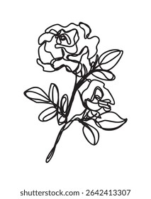 desenho de vetor de linha de flor de rosa com folhas em preto e fundo branco