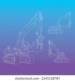 Line vector of excavator in different angle. Heavy equipment for construction.