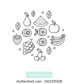 Line vector fruits icons design element. Set circle shape. Healthy lifestyle illustration.