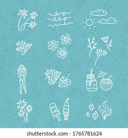 Line vector hand drawn doodle cartoon set of summer time season objects and symbols on blie textured backgound. Linear art collection - cocktails, flower, palm leaves, icecream