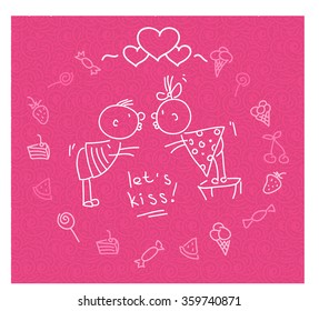 line vector hand drawn picture of two cute kissing kids. a valentine post card of two kids and candies and cake.