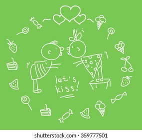 line vector hand drawn picture of two cute kissing kids. a valentine post card of two kids and candies and cake.