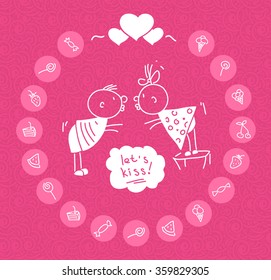 line vector hand drawn picture of two cute kissing kids. a valentine post card of two kids and candies and cake.