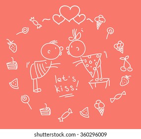 line vector hand drawn picture of two cute kissing kids. a valentine post card of two kids and candies and cake.