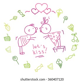 line vector hand drawn picture of two cute kissing kids. a valentine post card of two kids and candies and cake.