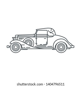 Line vector icon american auto oldtimer. Classic 1930s style. Nostalgia antique automobile. Summer travel vacation. Vintage cartoon sport car. Highway. Garage. Collection car. Illustration for design. - Shutterstock ID 1404796511