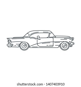 Line vector icon american auto oldtimer. Classic 1950s style. Nostalgia antique automobile. Summer travel vacation. Vintage cartoon sport car. Highway. Garage. Collection car. Illustration for design. - Shutterstock ID 1407403910
