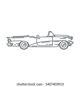 Line vector icon american cabriolet auto oldtimer. Classic 1950s style. Nostalgia antique automobile. Summer travel vacation. Vintage sport car. Highway. Garage. Collection. Illustration for design.