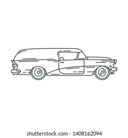 Line vector icon american delivery wagon auto oldtimer. Classic 1950s style. Nostalgia antique automobile. City delivery cargo van. Vintage highway car. Garage. Collection car. Illustration for design