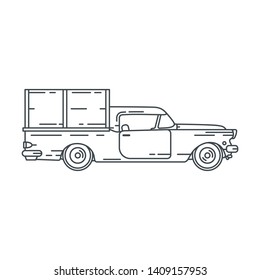 Line vector icon american delivery wagon worker auto oldtimer. Classic 1950 style. Nostalgia antique automobile. City delivery cargo pickup. Vintage highway collection. Garage. Illustration for design