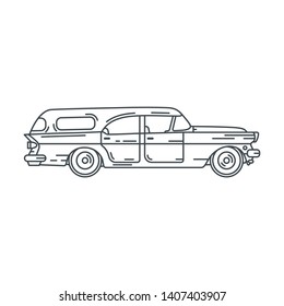 Line vector icon american family van auto oldtimer. Classic 1950s style. Nostalgia antique automobile. Summer travel vacation. Vintage cartoon car. Highway. Collection car. Illustration for design.