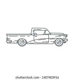 Line vector icon american oldtimer pickup auto. Classic 1950s style. Nostalgia antique automobile. Summer travel vacation. Vintage cartoon. Country highway. Retro garage. Illustration collection car.