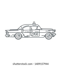 Line vector icon american taxi auto oldtimer. Classic 1950s style. Nostalgia antique automobile. Passenger taxi city service. Vintage highway car. Cab garage. Collection car. Illustration for design.