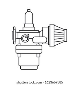 Line vector icon auto moto parts accessories carburetor. Repair service equipment. Engine elements shop catalog. Vintage vehicle symbol. Motorcycle mechanic. Transportation. Graphic element background