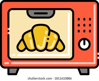 Line vector icon of baking and pastry. Illustration of a croissant in an oven.