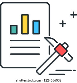 Line vector icon of bar chart and pickaxe, data mining concept illustration