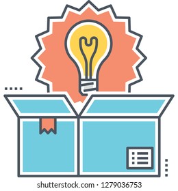 Line vector icon of a bulb popped up from the box illustration, innovation product concept