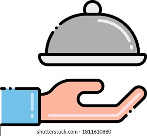 Icono de vector de línea del servicio de catering. Ilustración de un pañuelo de comida sirviendo un plato en mano de camarero.