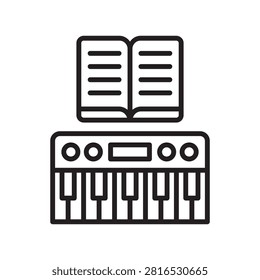 Line vector icon combining a piano keyboard and an open book, representing music theory and lessons.