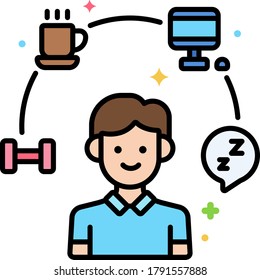 Line Vector Icon Of Daily Routine. Illustration Of A Male Surrounding With Activity Symbols.