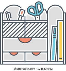 Line vector icon of desk organizer with office supplies and stationery illustration