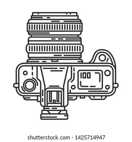 Line vector icon with digital slr professional camera. Photography art. Megapixel photocamera. Cartoon style illustration, element design. Photographic lens. Snapshot equipment. Digital photo studio.