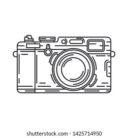 Line vector icon with digital slr professional camera. Photography art. Megapixel photocamera. Cartoon style illustration, element design. Photographic lens. Snapshot equipment. Digital photo studio.