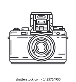Line vector icon with digital slr professional camera. Photography art. Megapixel photocamera. Cartoon style illustration, element design. Photographic lens. Snapshot equipment. Digital photo studio.