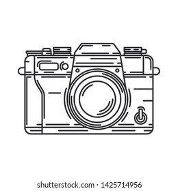 Line vector icon with digital slr professional camera. Photography art. Megapixel photocamera. Cartoon style illustration, element design. Photographic lens. Snapshot equipment. Digital photo studio.