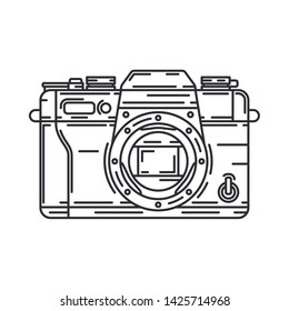 Line vector icon with digital slr professional camera. Photography art. Megapixel photocamera. Cartoon style illustration, element design. Photographic lens. Snapshot equipment. Digital photo studio.