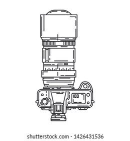 Line vector icon with digital slr professional camera. Photography art. Megapixel photocamera. Cartoon style illustration, element design. Photographic lens. Snapshot equipment. Digital photo studio.