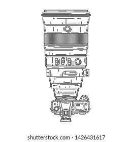 Line vector icon with digital slr professional camera. Photography art. Megapixel photocamera. Cartoon style illustration, element design. Photographic lens. Snapshot equipment. Digital photo studio.